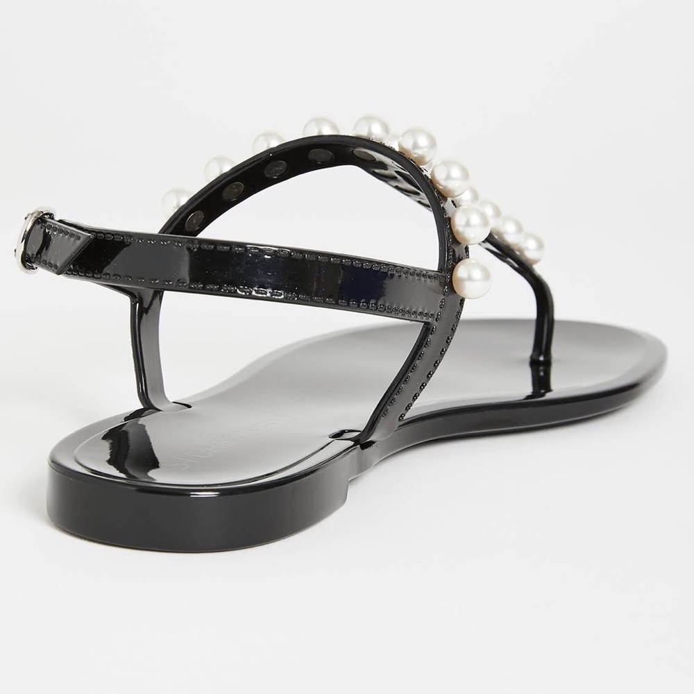 Stuart Weitzman Black Patent Pearl-Trim T-Strap Sandals - Picture 3 of 6